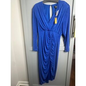 Alexia Admor Royal Blue Ruched V-Neck Long Sleeve Midi Dress D3949 NWT Womens L‎